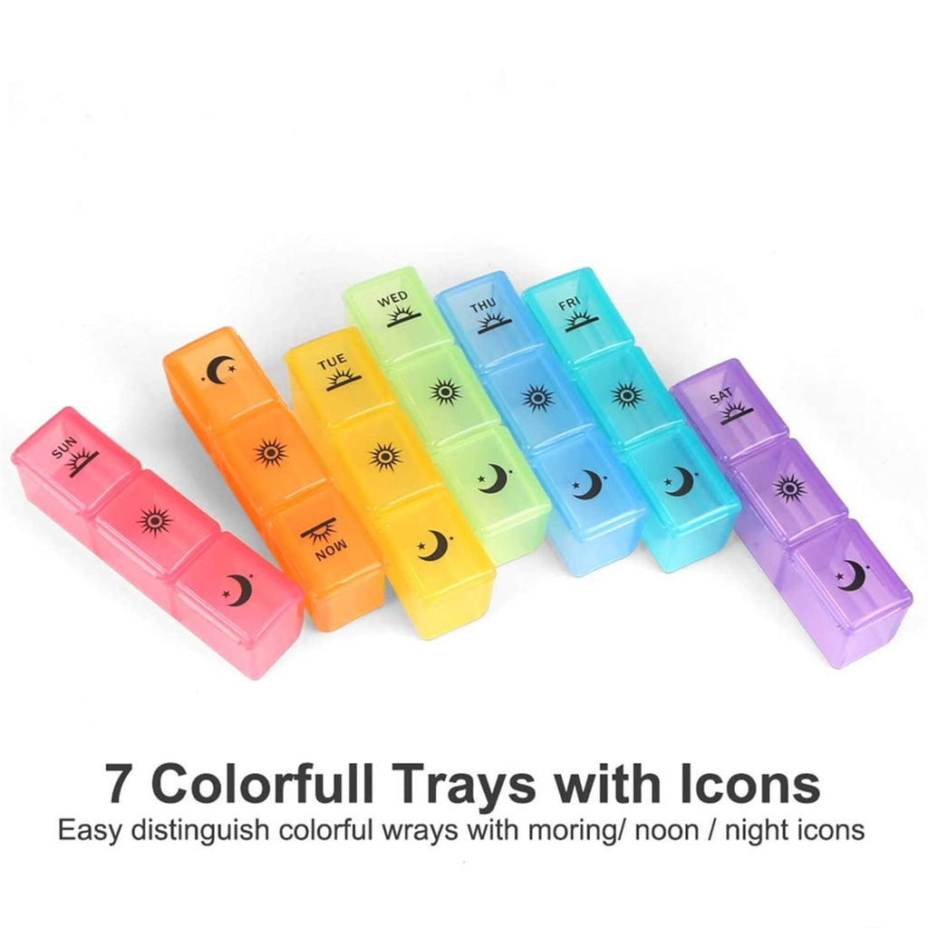Colorful 7-day pill organizer trays with sun, moon, and night icon labels