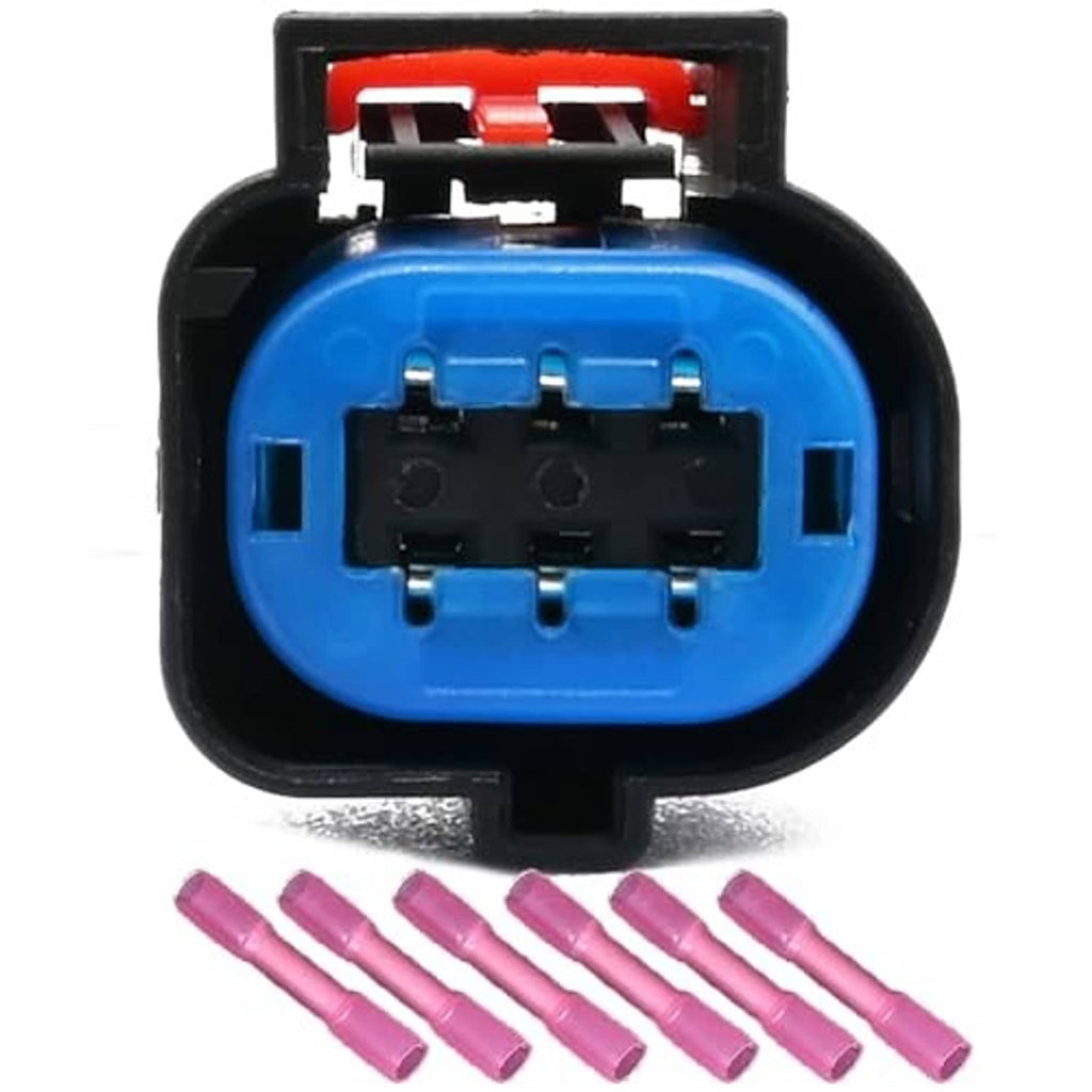 6-pin electronic connector with blue housing and six pink wire terminals