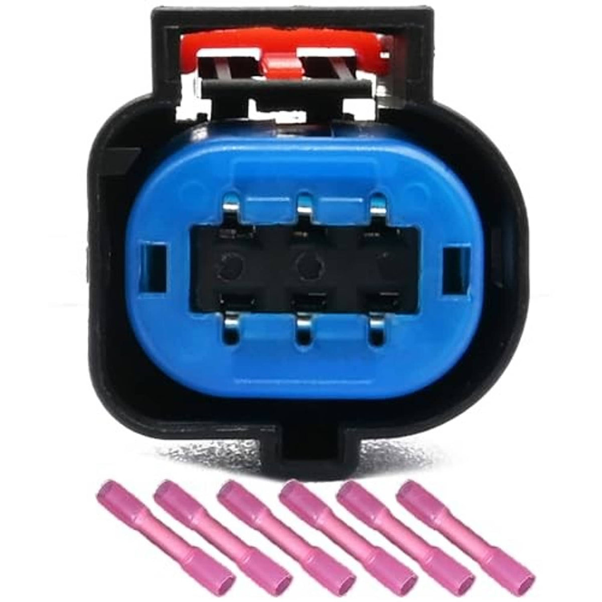 6-pin electronic connector with blue housing and six pink wire terminals