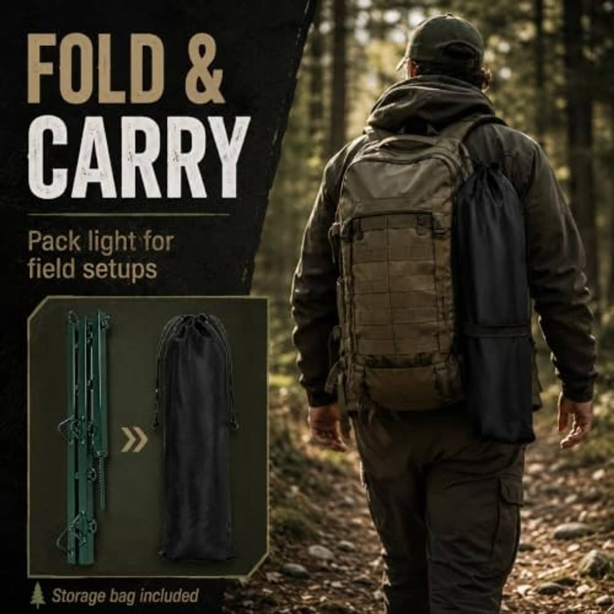 Hunting camouflage branch-cover stand with fold-and-carry storage bag shown with the gear