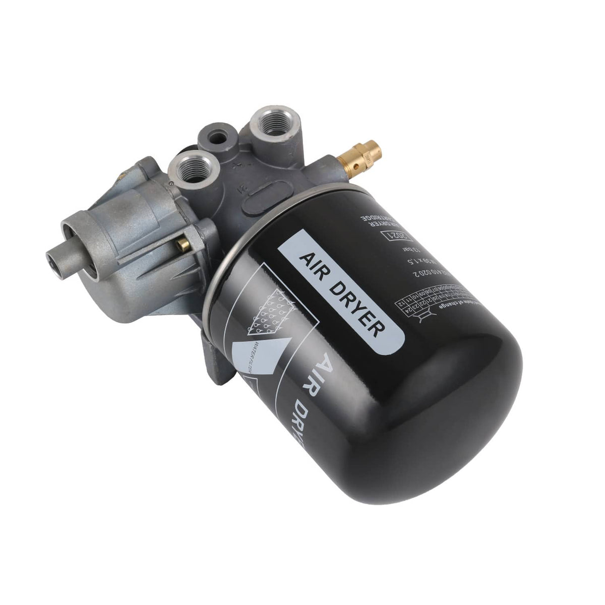 Air dryer assembly with black cylinder, gray housing, and metal ports