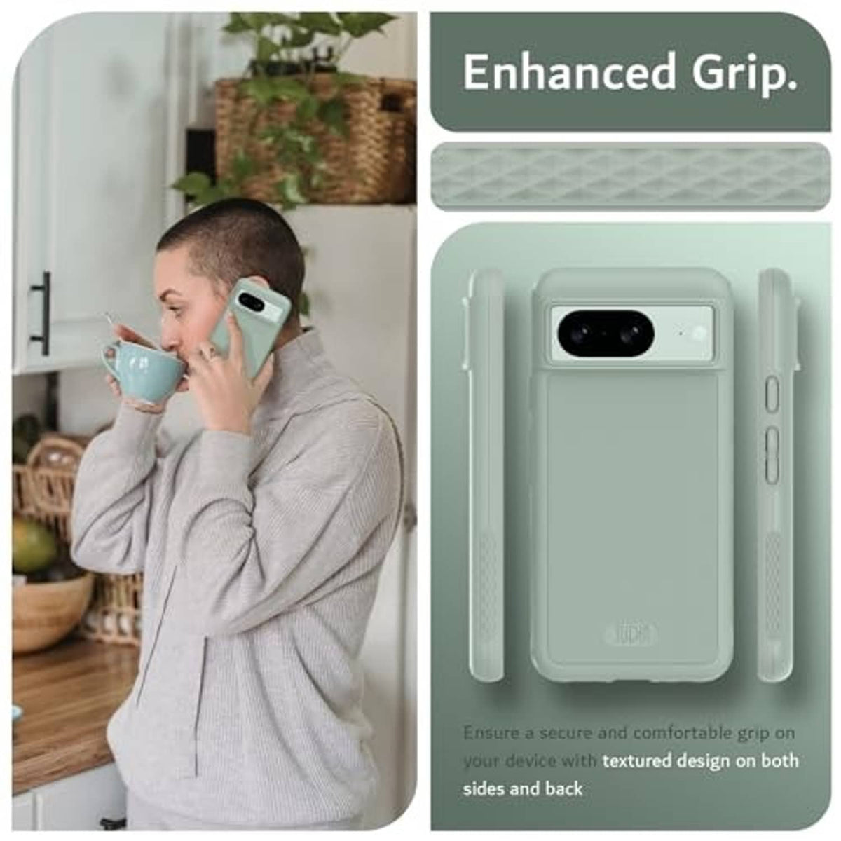 Mint green case with enhanced grip, textured back, and raised camera opening