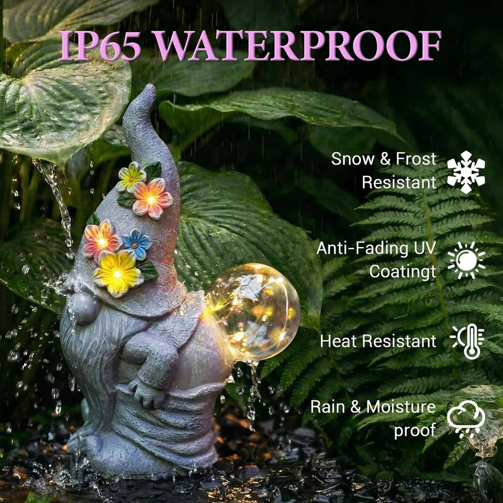 Gray solar gnome statue with flower LEDs and glowing bubble light on wet garden rocks