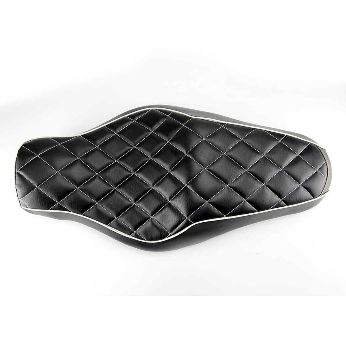 Black two-up motorcycle seat top with diamond stitching and white contrast border