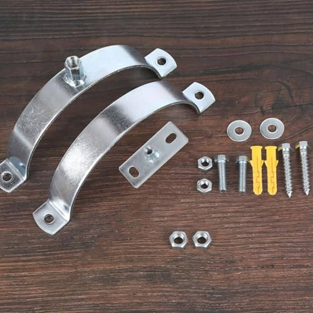 Chimney pipe bracket kit parts: split rings, mounting plates, bolts, washers, and nuts