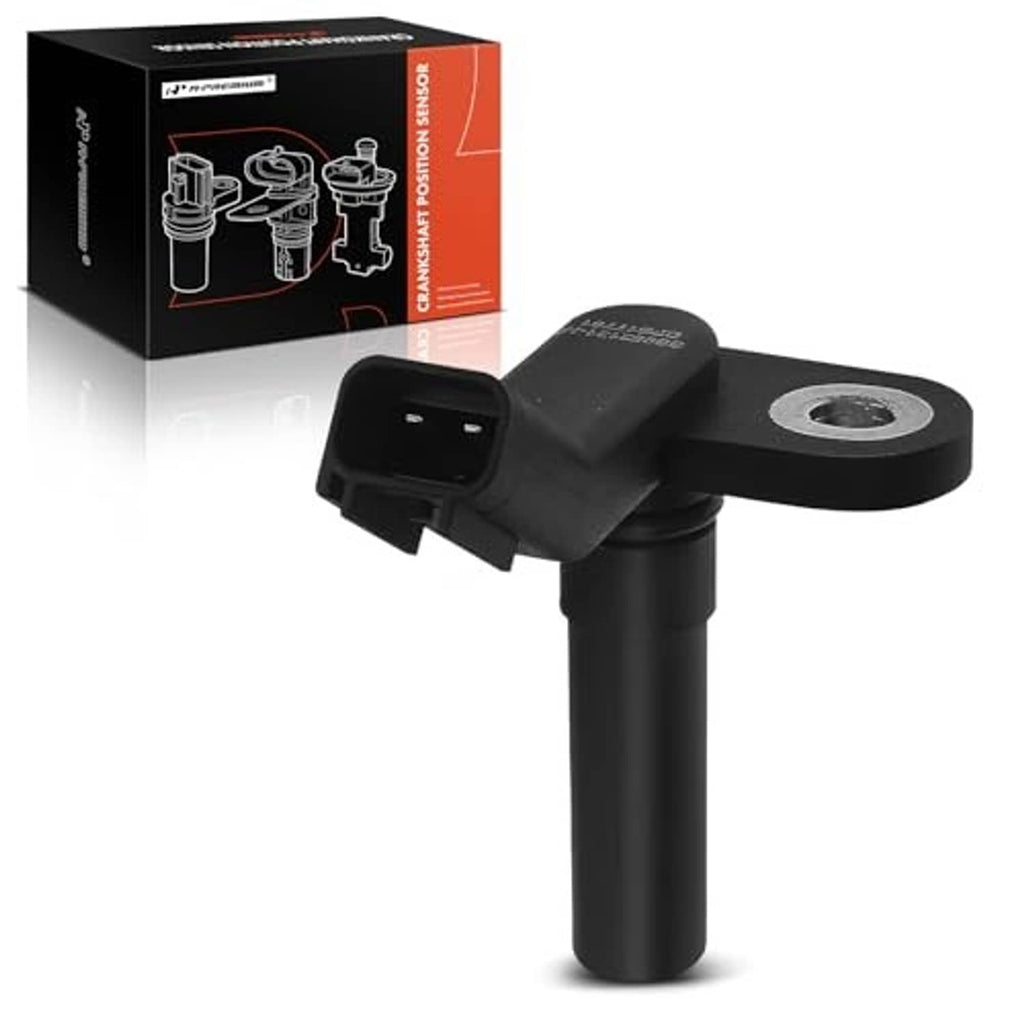 Black crankshaft position sensor angled view with circular mount and electrical connector