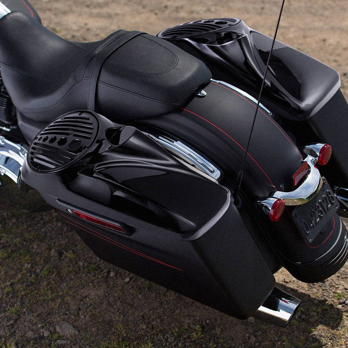 Black speaker lids with grille vents and tweeter port cutouts for motorcycle saddlebags
