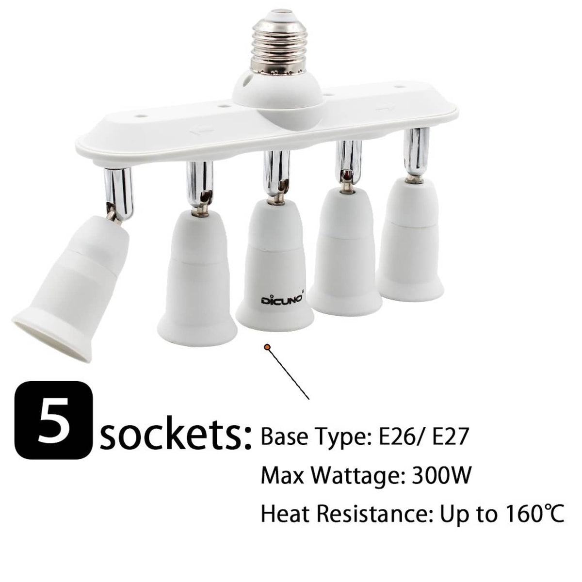 White 5-way E26 light socket adapter with five screw bases and angled lamp heads