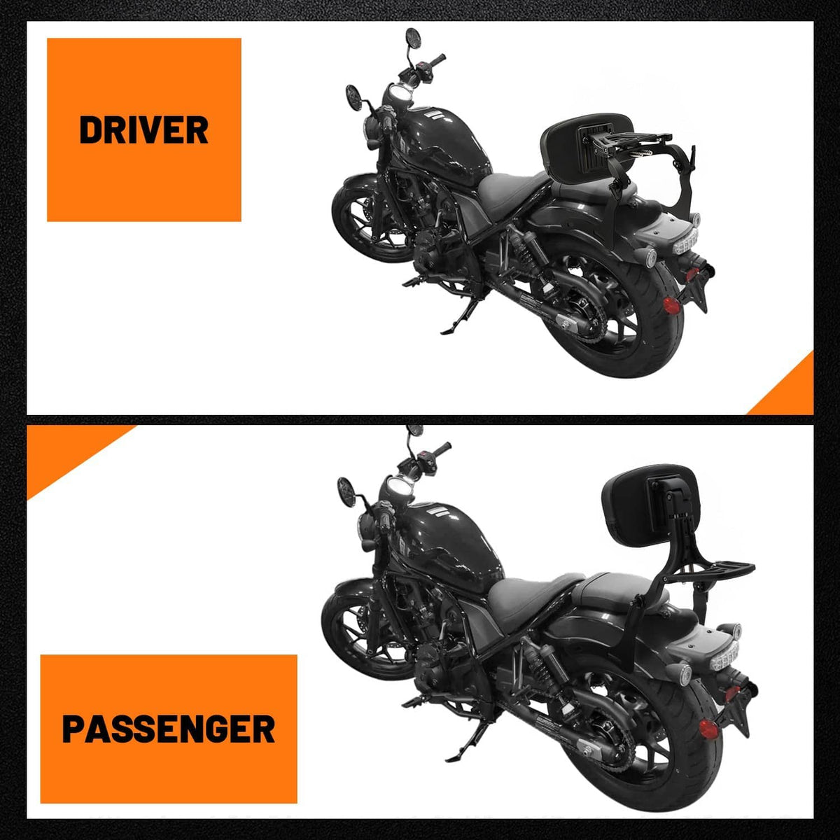 Motorcycle passenger sissy bar setup with black backrest and side-mounted support.