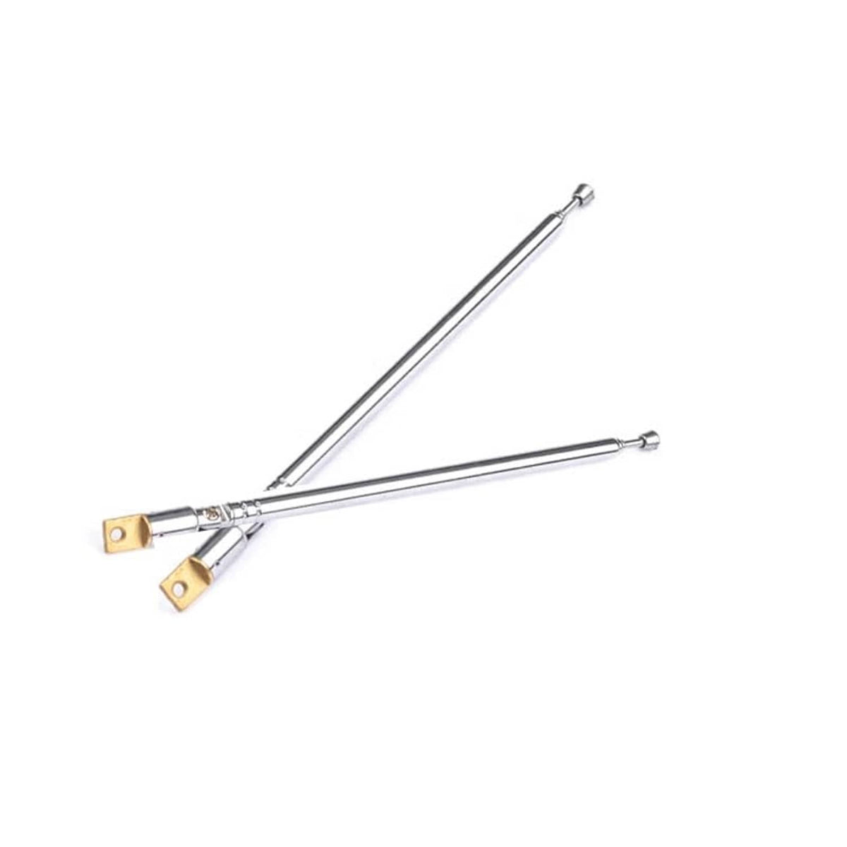 Pair of silver telescopic radio antennas with gold mounting base plates