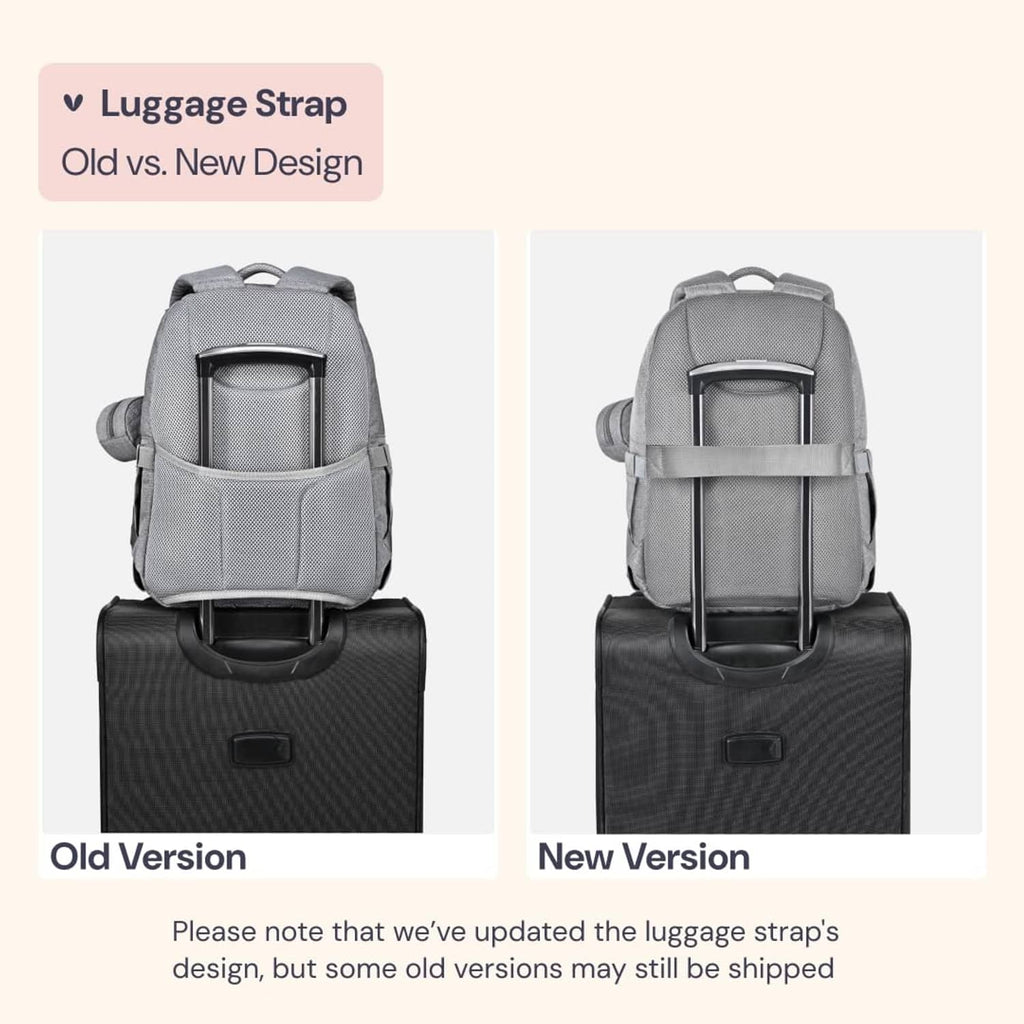Diaper bag backpack with luggage strap, old vs new design comparison