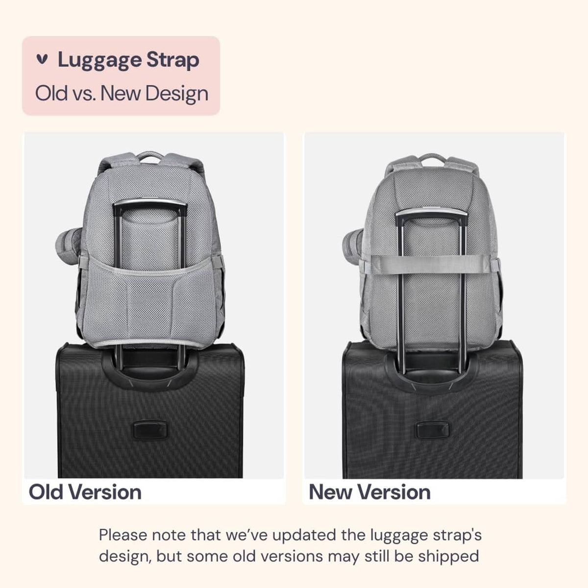 Diaper bag backpack with luggage strap, old vs new design comparison