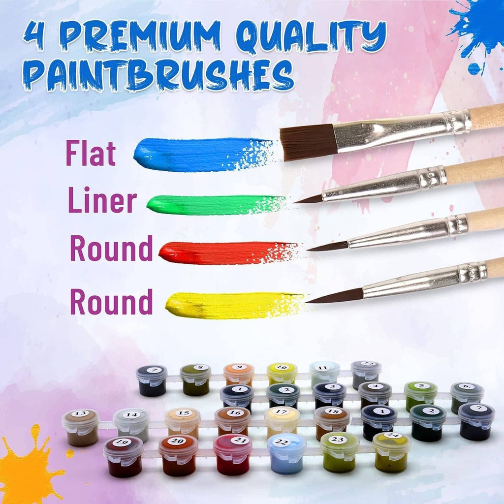 Four paintbrushes with different tips and a row of numbered acrylic paint pots