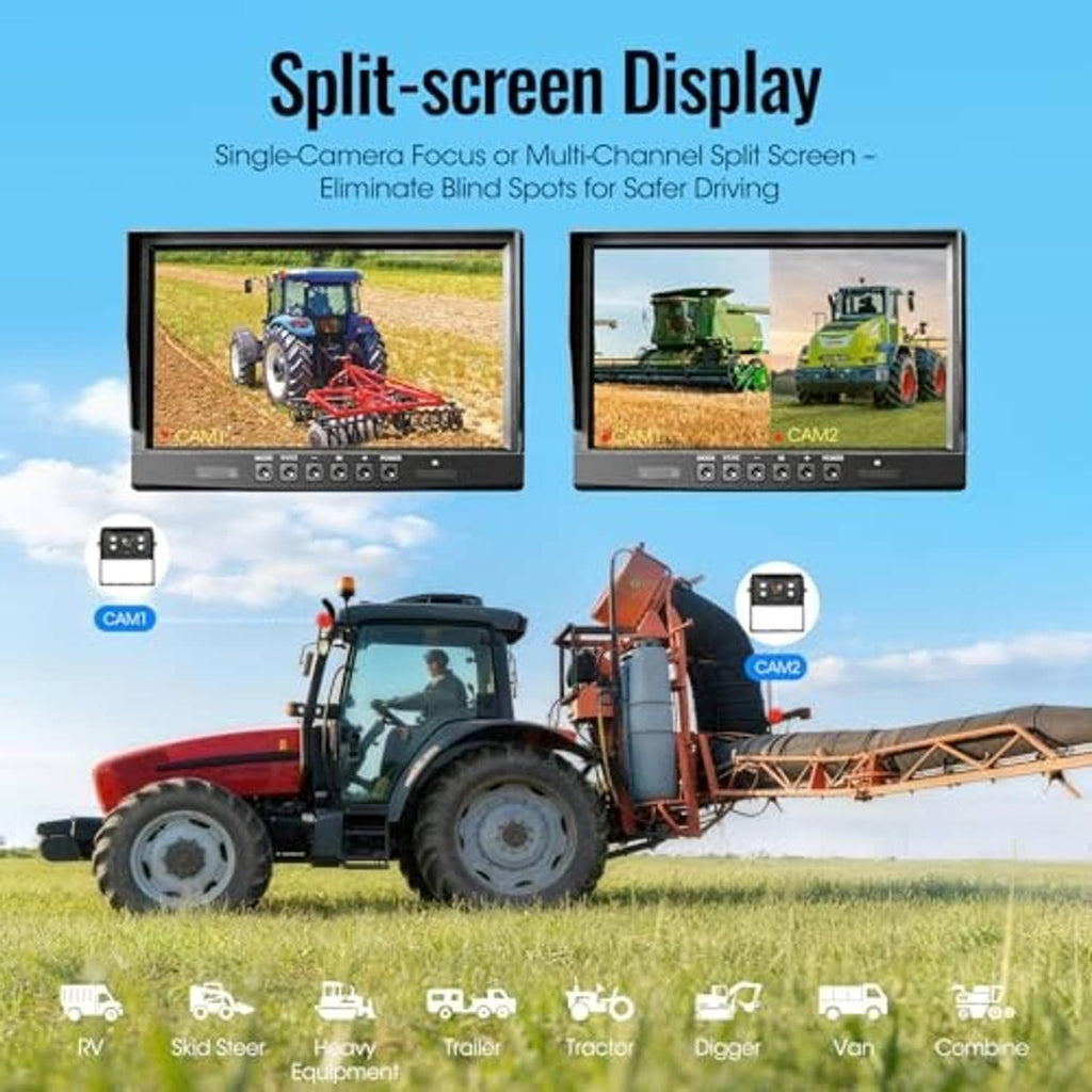 Split-screen dual backup camera display showing two live feeds on monitor