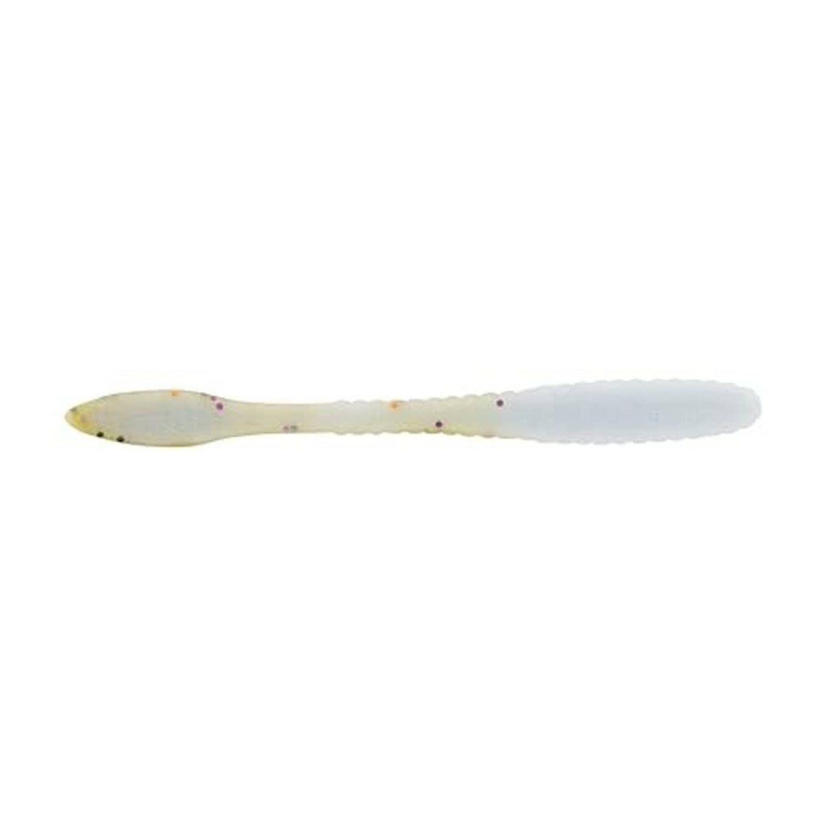 Light cream flat worm fishing bait with purple and orange speckles