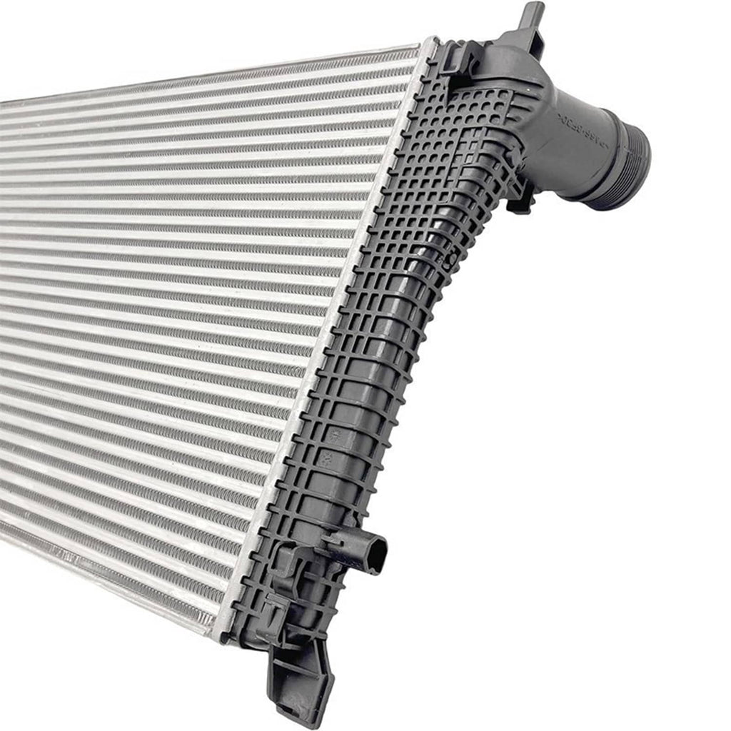 Intercooler with black plastic mounting brackets and silver finned heat exchanger core