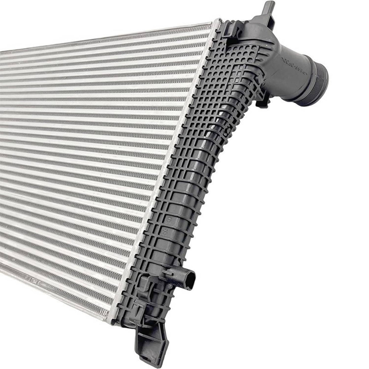 Intercooler with black plastic mounting brackets and silver finned heat exchanger core