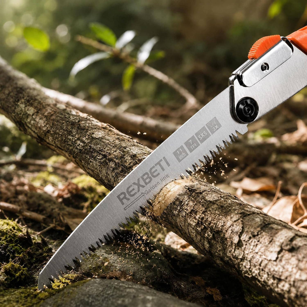 Pruning folding saw with silver blade teeth and orange-and-black handle