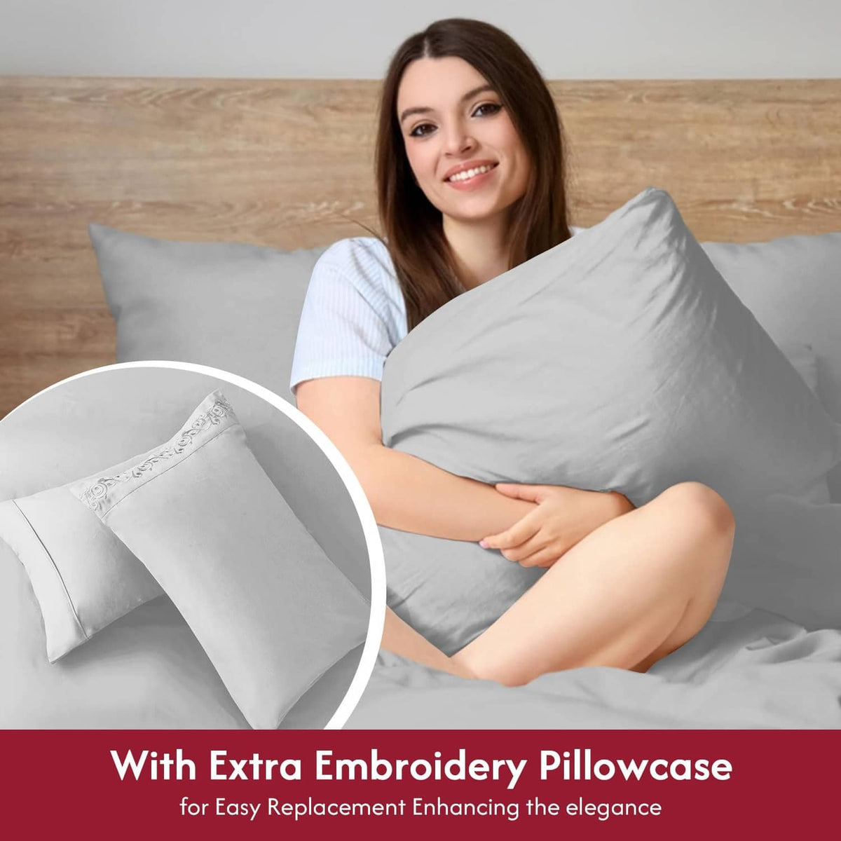 Light gray king pillowcase set with visible embroidery on one pillow