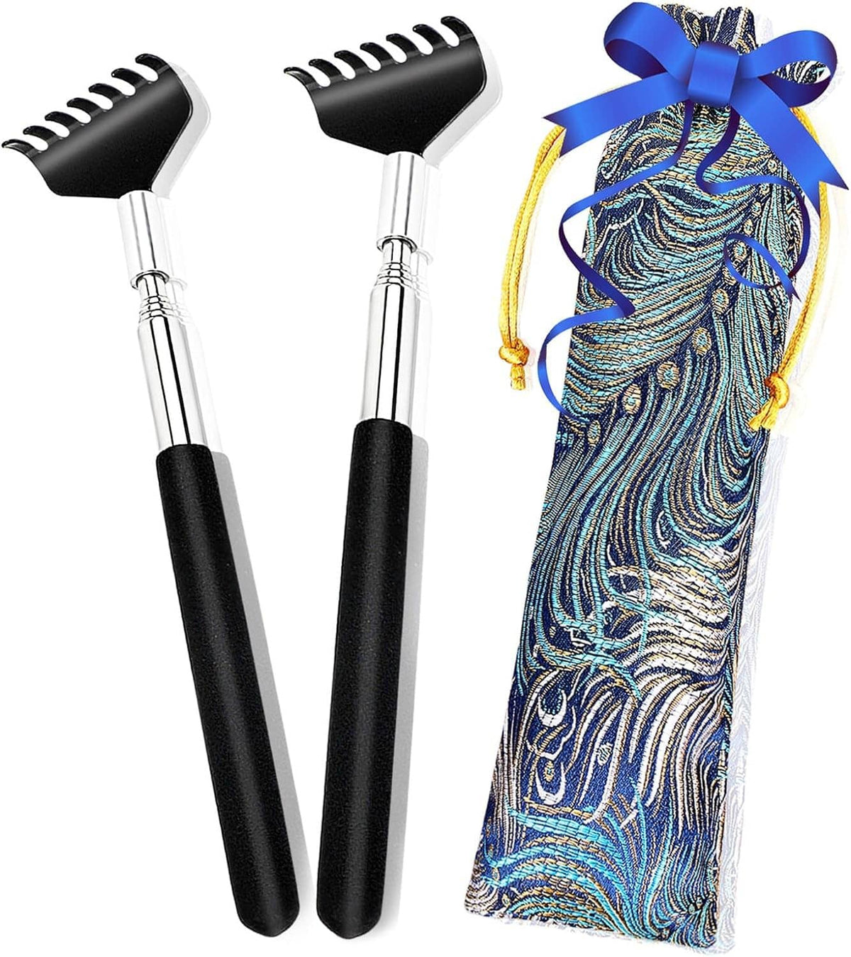 Two telescoping back scratchers with silver shafts and blue ribbon gift pouch