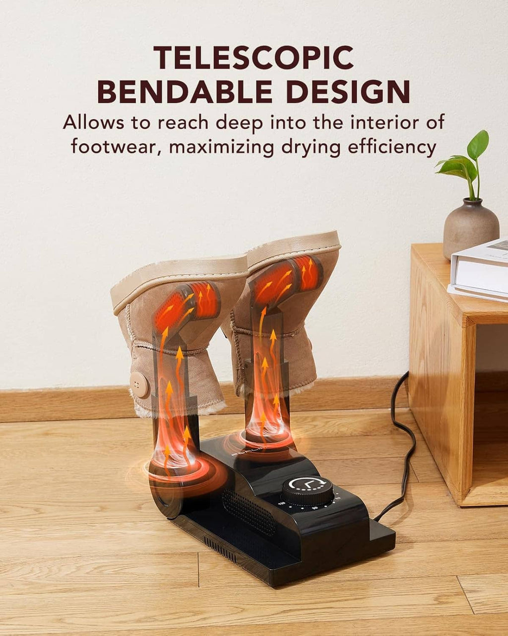 Boot dryer with telescopic bendable arms drying a pair of tan boots