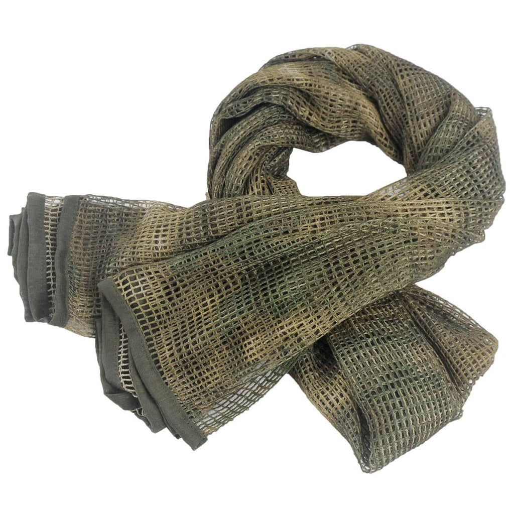 Woodland camo mesh neck scarf with open weave and fringed ends