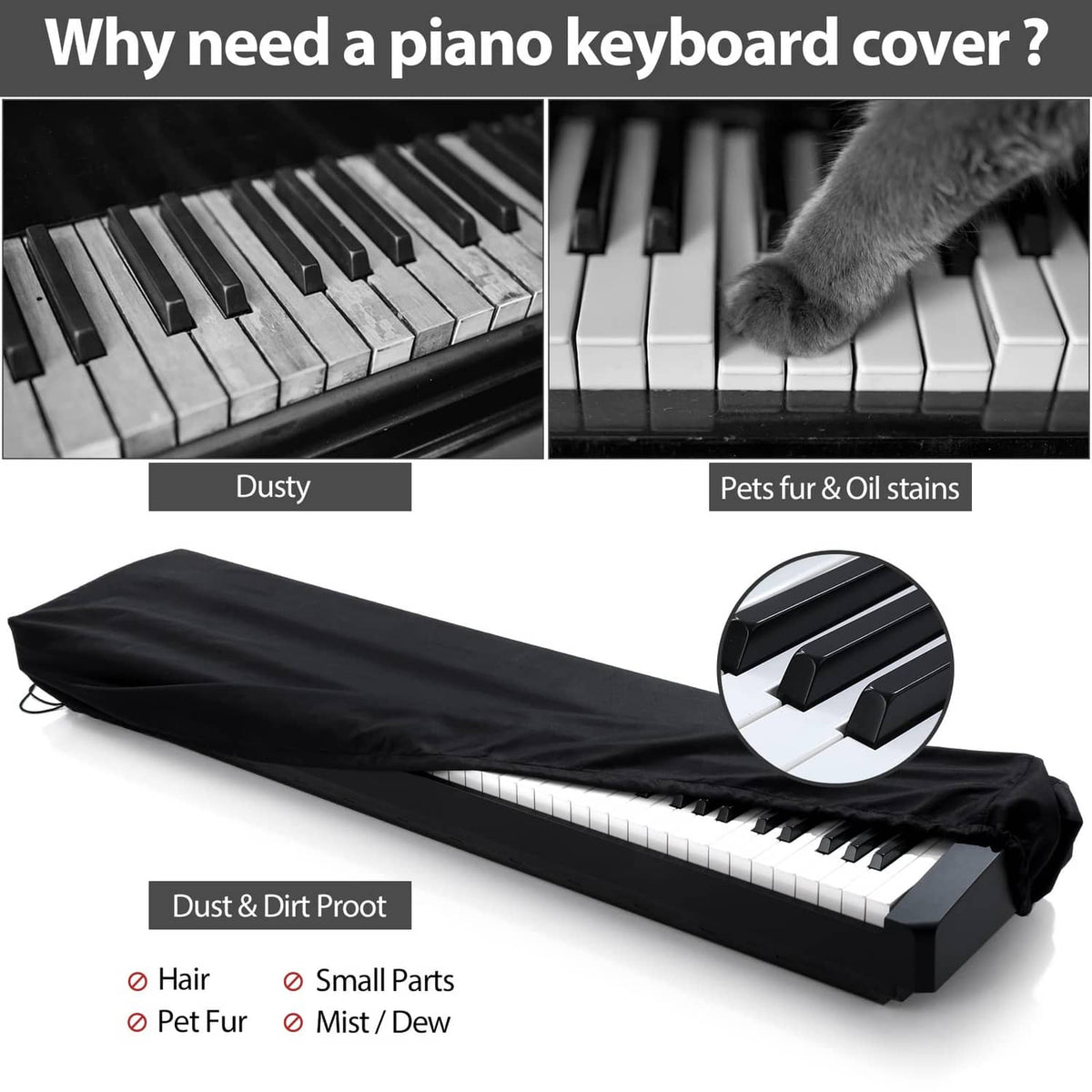 Black dust cover laid over a keyboard, showing full-length coverage and key cutout