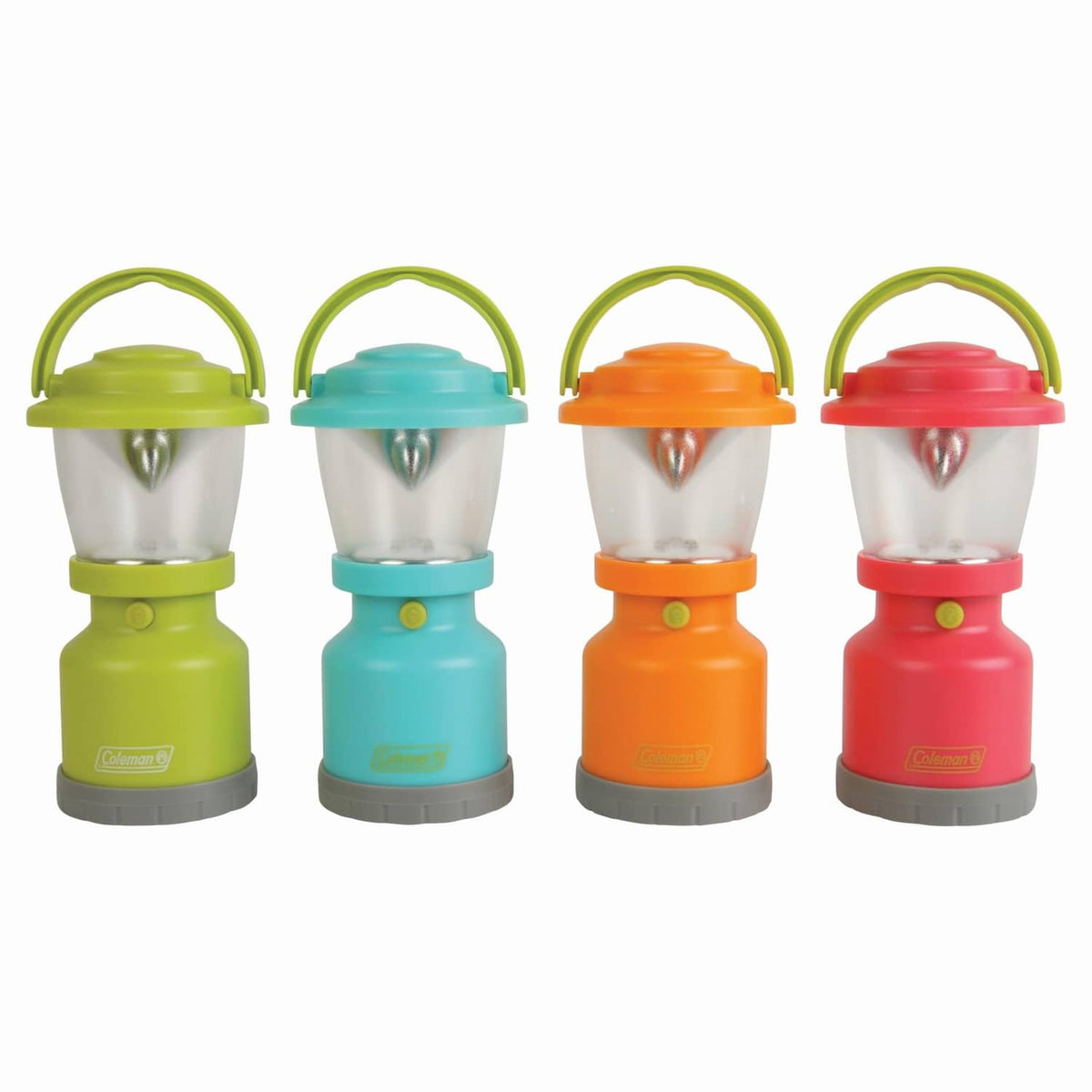 Kids mini LED lanterns in green, blue, orange, and red with carry handles