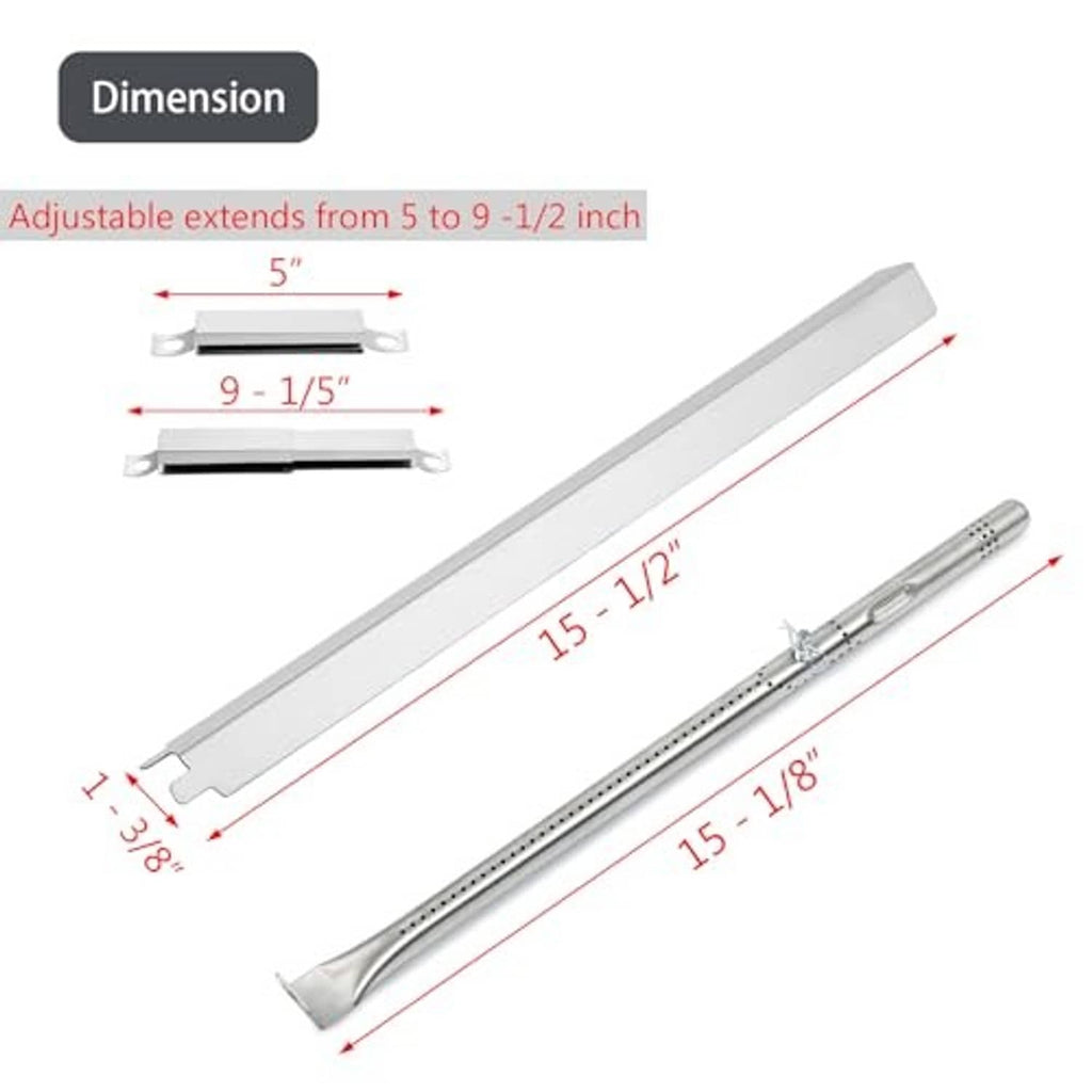 Adjustable stainless steel heat shield bar with measurement lines and end clip