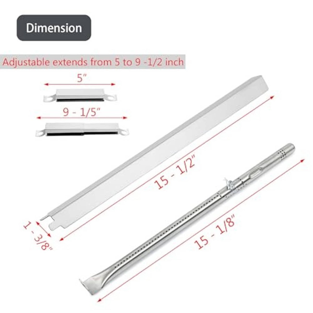 Adjustable stainless steel heat shield bar with measurement lines and end clip