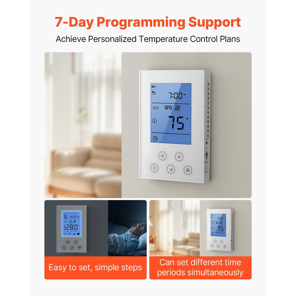 White wall thermostat with blue screen showing 75°F temperature reading and icons