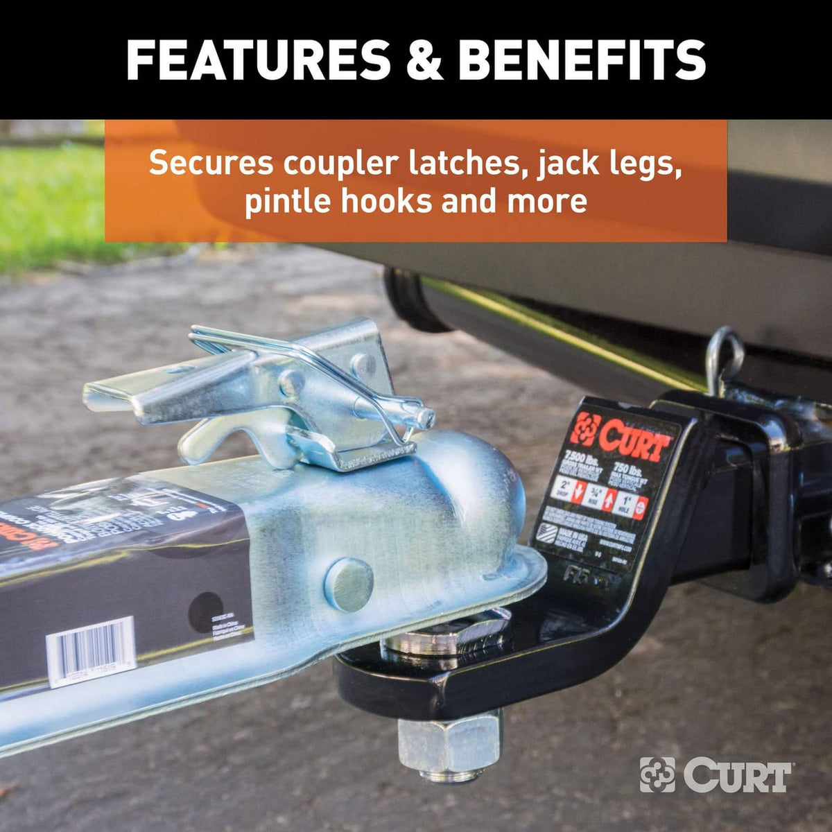 Installed trailer coupler latch pin and square retainer clip on a metal hitch