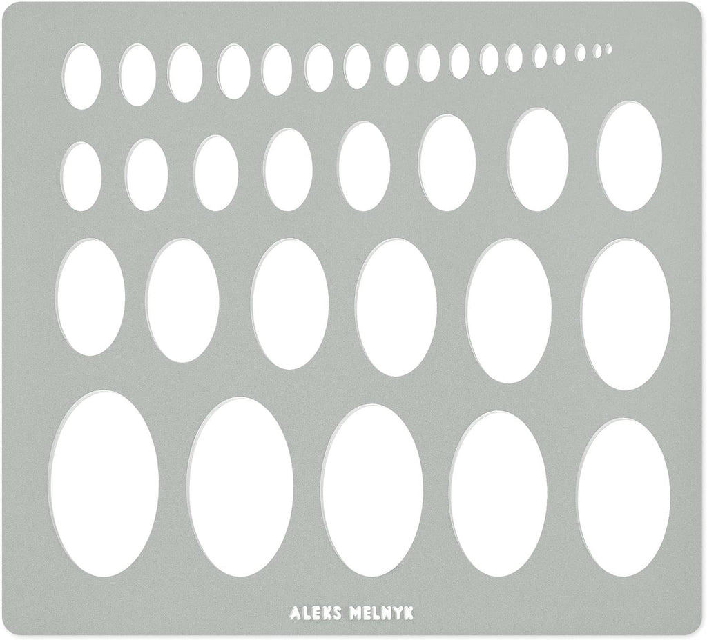 Metal ellipse stencil template with multiple oval cutouts, ALEKS MELNYK logo