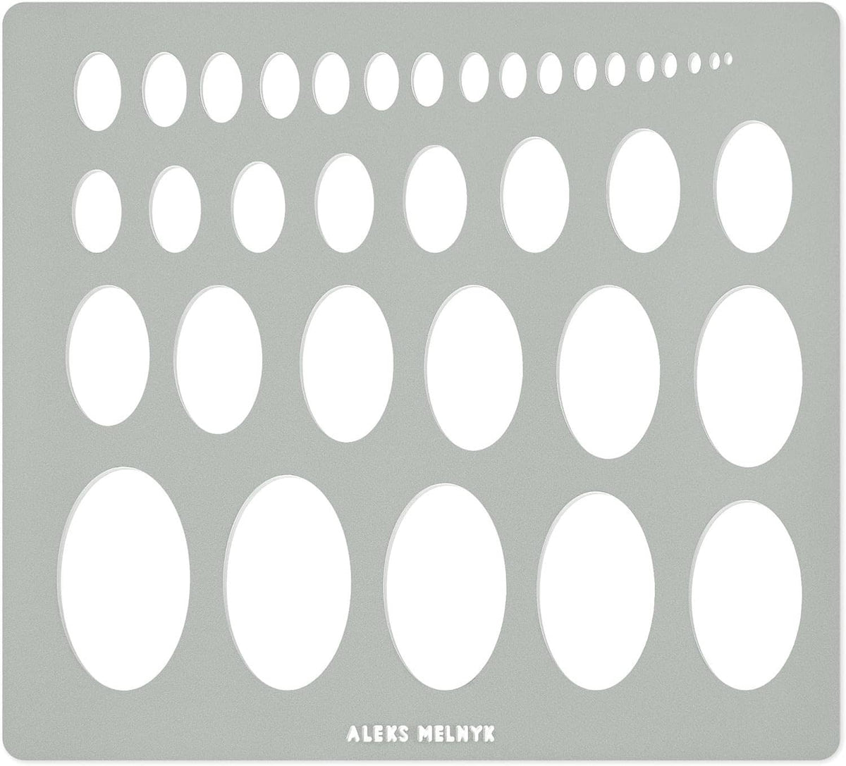 Metal ellipse stencil template with multiple oval cutouts, ALEKS MELNYK logo