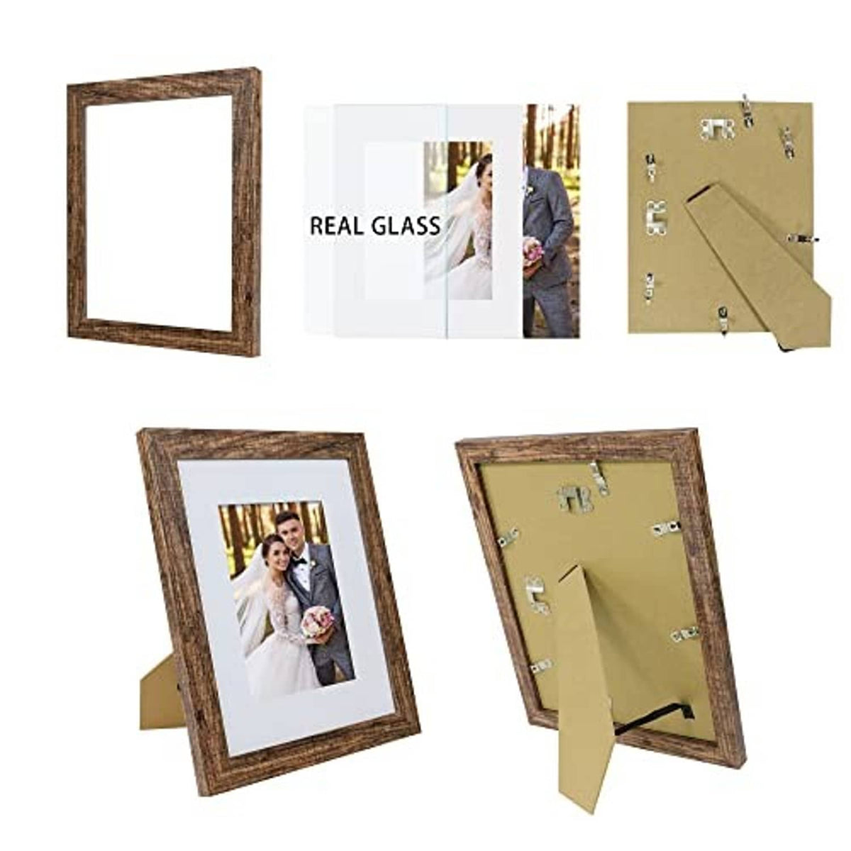 Rustic brown picture frame set with real-glass fronts and back mounting hardware