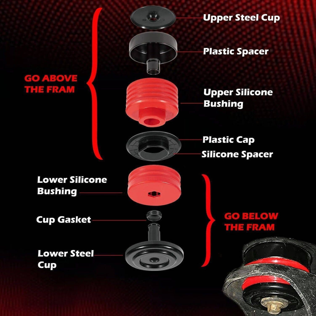 Silicone body mount bushing parts: red bushings, steel cups, plastic spacers and caps