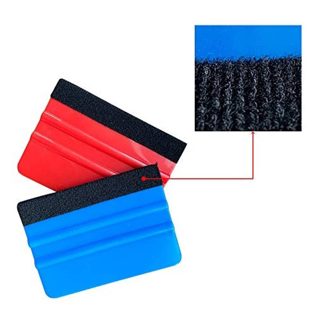Felt edge squeegee tools with red and blue handles and black felt scraper edges
