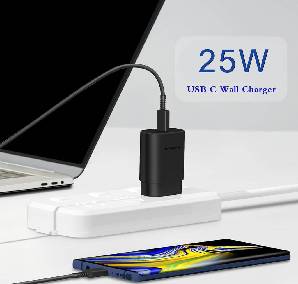 Black 25W USB-C wall charger connected to a device cable