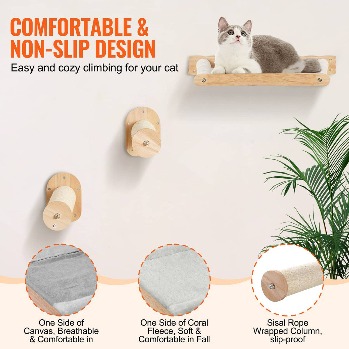Wall-mounted cat shelf with non-slip cushioned fabric and sisal rope-wrapped post