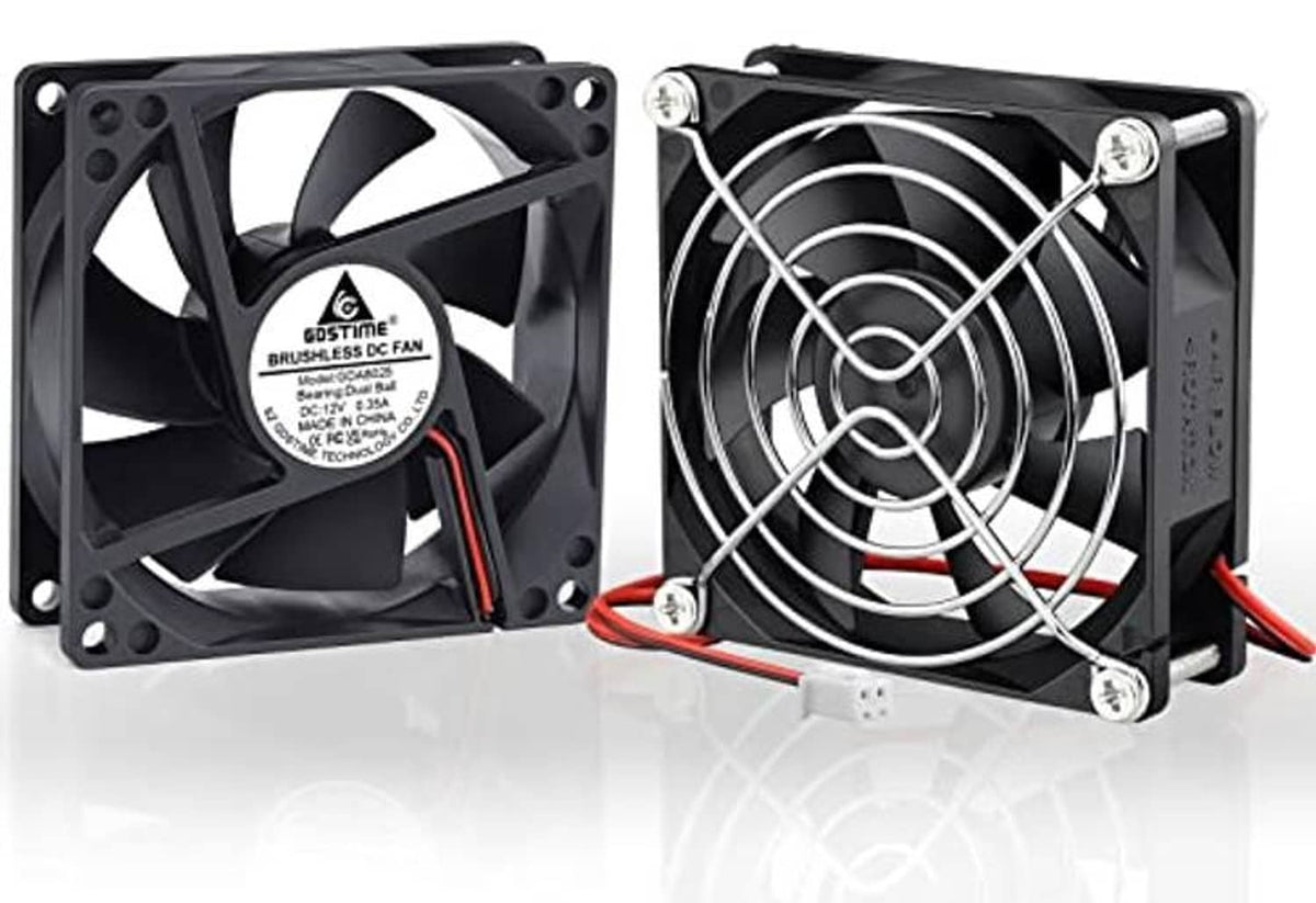 2-pack 80mm DC dual ball bearing cooling fans with front metal grill and red wiring