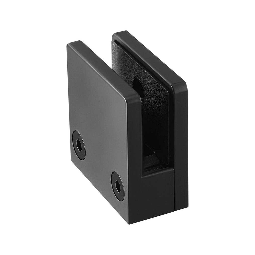 Black square glass clamp bracket with two mounting faces and screw holes