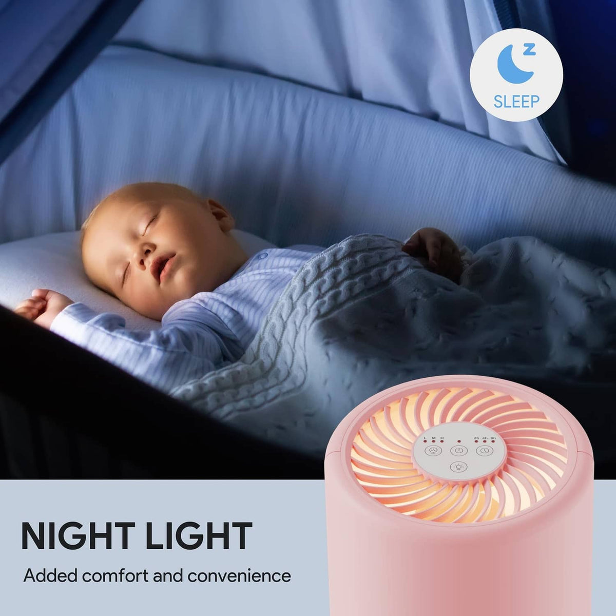 Pink air purifier with glowing fan top and night light indicator