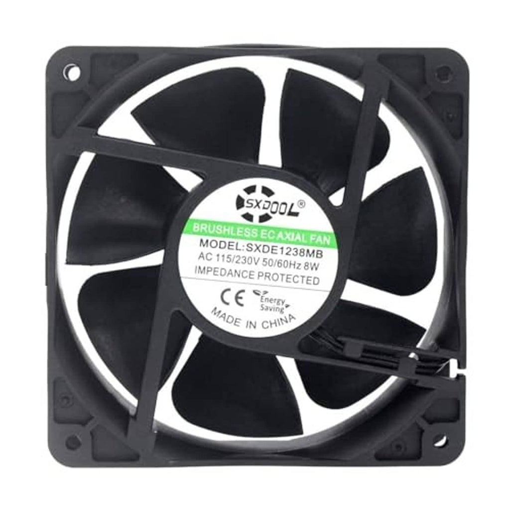 Black 120mm cooling fan with visible motor hub label and four blades in square frame