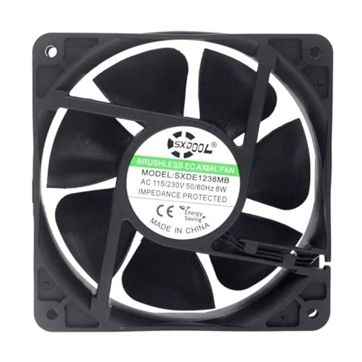 Black 120mm cooling fan with visible motor hub label and four blades in square frame