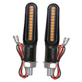 Pair of black motorcycle LED sequential turn signal lamps with amber light, wire leads