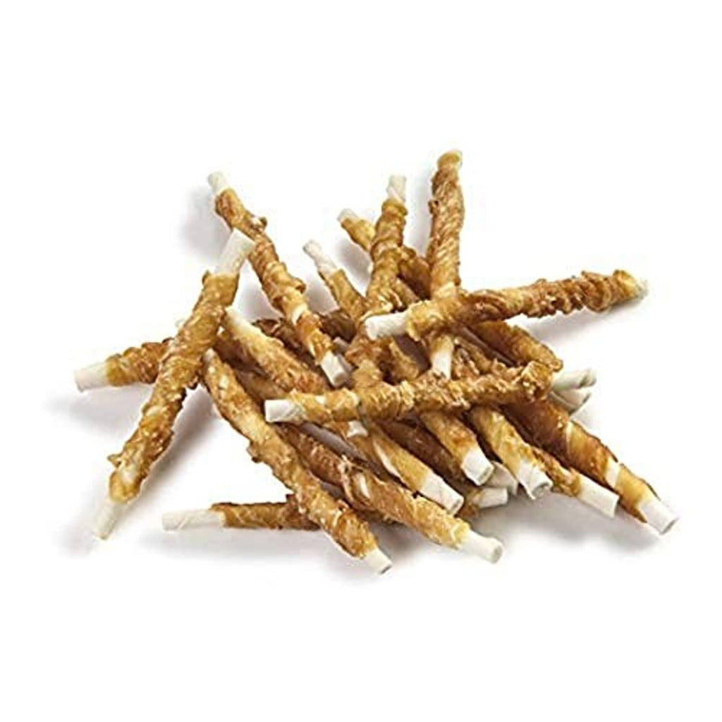 Chicken-wrapped rawhide twist dog treats, tan and brown, loose pieces.