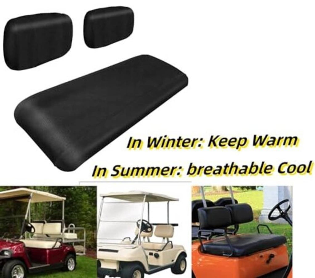 Black mesh golf cart seat cover set including seat cushion and backrest.