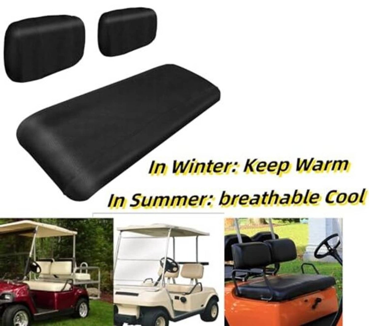 Black mesh golf cart seat cover set including seat cushion and backrest.