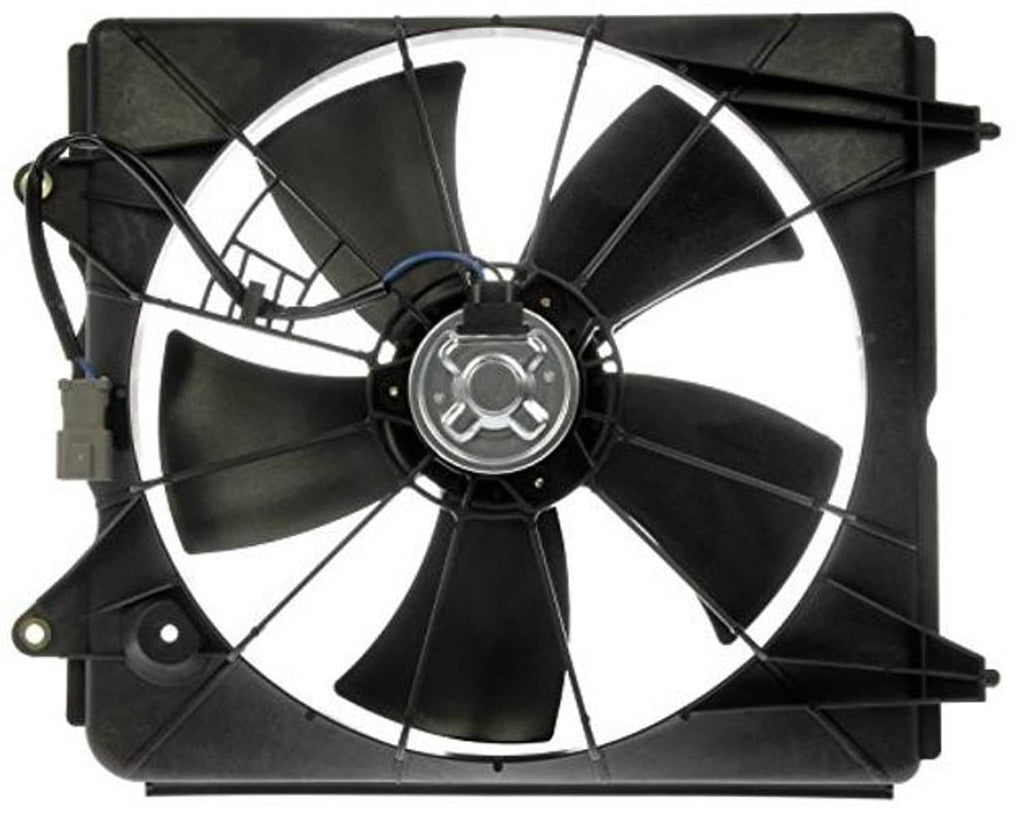 Engine cooling fan assembly with black fan blades and silver motor hub, close front