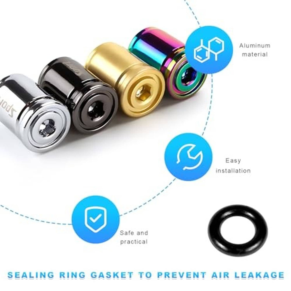 Locking tire valve caps in black, gold, and iridescent colors with sealing ring gasket